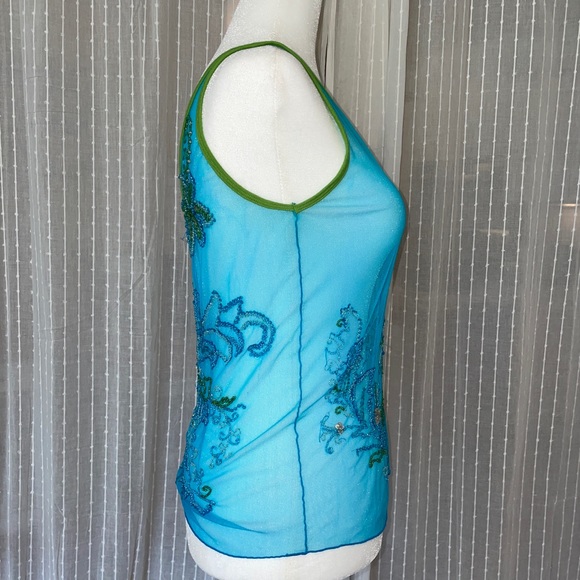 Sleeveless Tank Top Aqua Blue  Green Trim with Sequin beadwork. Comfort Stretch - Picture 5 of 6